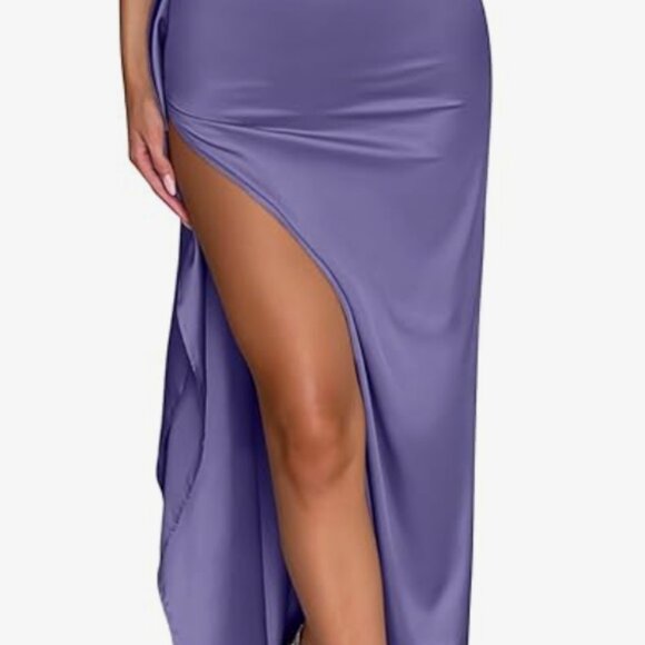 NWT (L) Memoriesea Women's Sexy One Shoulder High Split Lavendar Gown - Picture 3 of 4